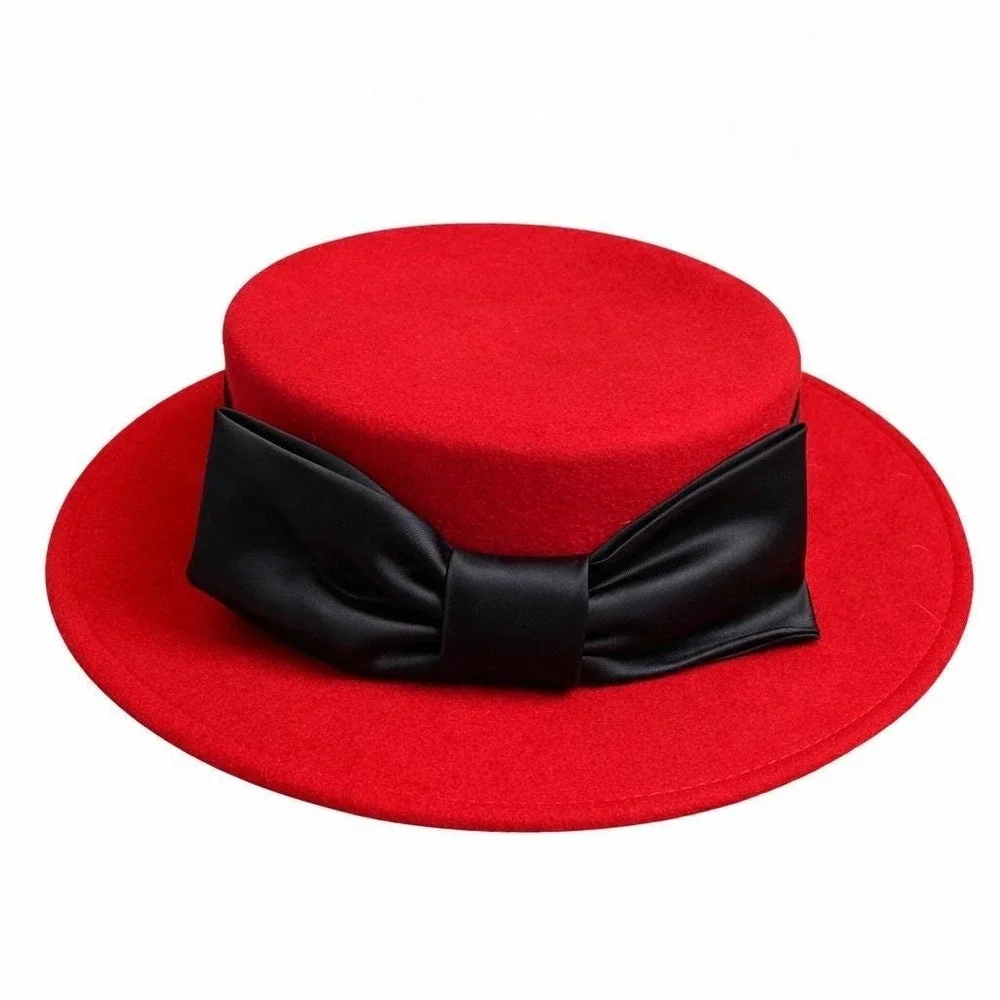 Michael Howard Red Wool Boater Hat Black Bow Made USA Statement Brunch‎ Chic